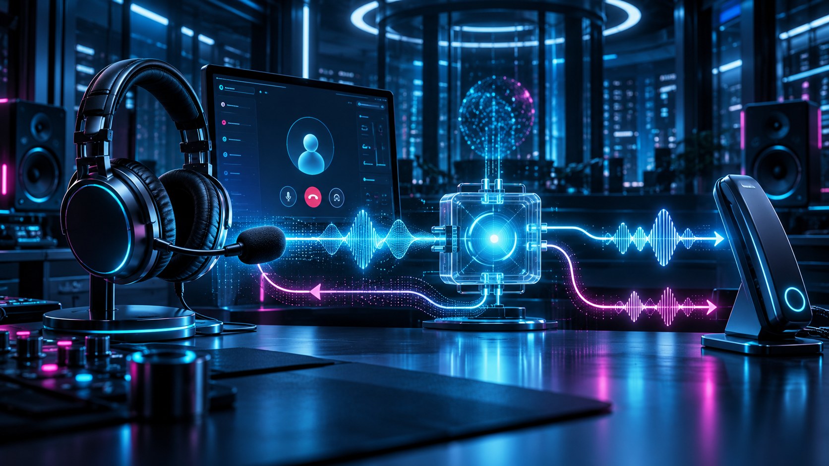 A headset, softphone and handset linked through a glowing synthetic-speech routing node.