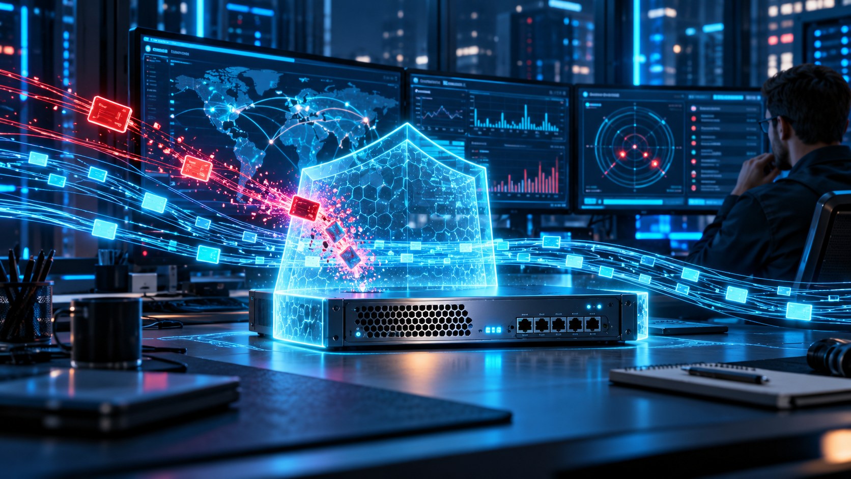 A blue-lit firewall appliance intercepting red packets with a holographic shield.