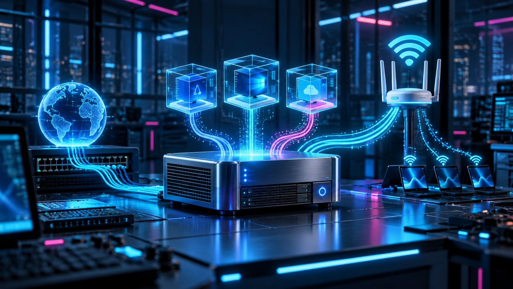 A virtualization server with holographic guest machines and a wireless network uplink.