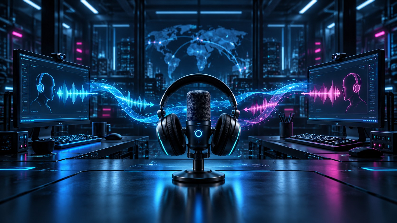 A headset and microphone between two remotely connected audio workstations.
