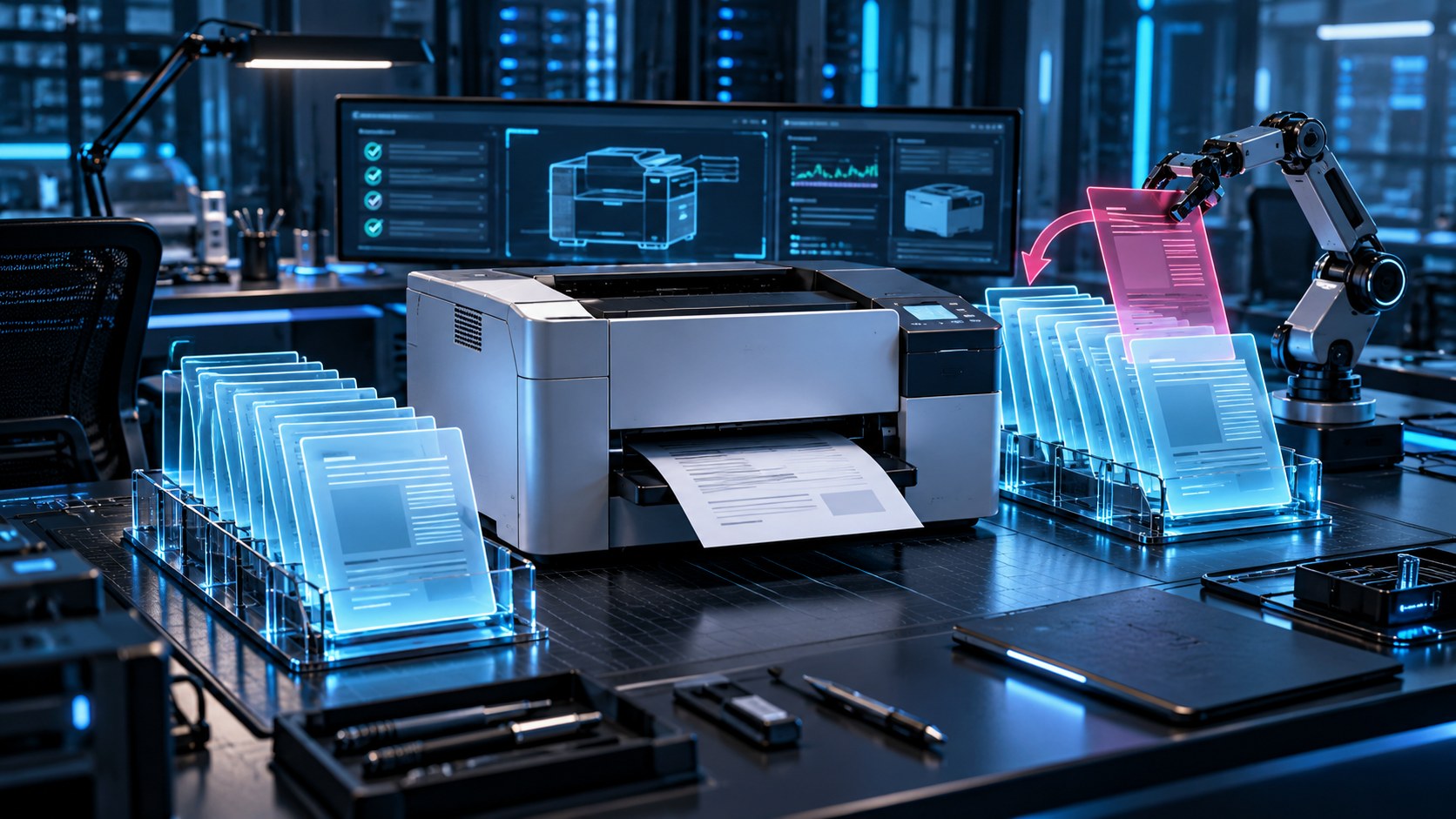 An office printer beside holographic queued documents in a blue-lit technical lab.